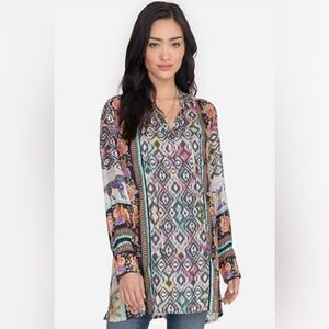 Johnny Was Nanette Silk Ikat Elephant Print Tunic Top in size XS NWOT